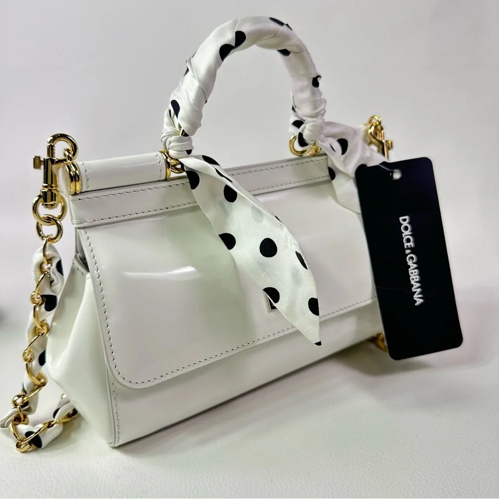 NEW Dolce & Gabbana Sicily East West Satchel Patent Leather w/ Polka Dot Scarf - Picture 2 of 9